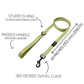 The Sassy Woof Dog Leash - Matcha is a light green leash inspired by Japanese green tea, featuring a sturdy D-ring, neoprene handle, 60-inch length, and 360° swivel clasp. Perfectly pairs with an adjustable harness.