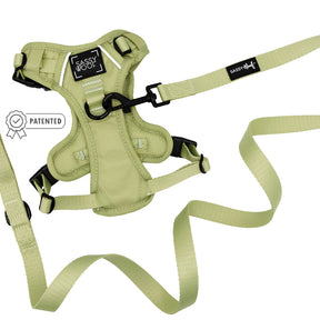 The Sassy Woof Dog Two Piece Bundle - Matcha features a light green step-in harness with adjustable straps, a matching leash, the Sassy Woof logo on the chest plate, and a patented label icon.