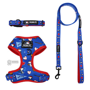 The Sassy Woof Harness Three Piece Bundle - MLB™ x Peanuts™ Toronto Blue Jays™ features a Snoopy and hearts design, adjustable harness, collar, and leash—plus a Puppy Growth Pawtection Plan for lasting comfort and style.