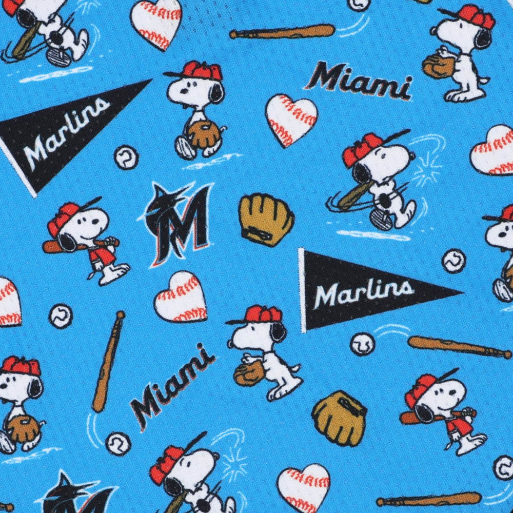 Dress your pup in the Sassy Woof Dog Bandana - MLB™ x Peanuts™ Miami Marlins™, featuring Snoopy in a red cap, Miami Marlins logos, baseball gear, and hearts with "Miami" on blue fabric.