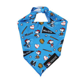 The Sassy Woof Dog Bandana - MLB™ x Peanuts™ Miami Marlins™ features Snoopy baseball art, baseballs, bats, gloves, Marlins logos, and "Miami" and "Marlins" text in various fonts.