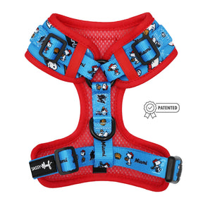 The Sassy Woof Dog Adjustable Harness - MLB™ x Peanuts™ Miami Marlins™ is a red mesh harness with blue straps, cartoon dog and Miami graphics, black adjustable buckles, and a PATENTED badge beside it.