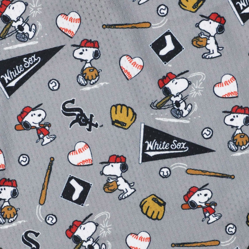 The Sassy Woof Dog Bandana – MLB™ x Peanuts™ Chicago White Sox™ features Snoopy in a baseball uniform with bats, mitts, gloves, hearts, and team logos on gray cooling mesh—perfect for your pup.