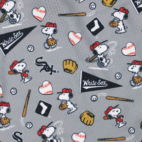 The Sassy Woof Dog Bandana – MLB™ x Peanuts™ Chicago White Sox™ features Snoopy in a baseball uniform with bats, mitts, gloves, hearts, and team logos on gray cooling mesh—perfect for your pup.