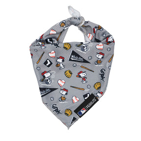 The Dog Bandana - MLB™ x Peanuts™ Chicago White Sox™ by Sassy Woof features Snoopy playing baseball and team logos on gray cooling mesh, plus official MLB and Peanuts branding tags.