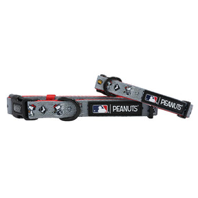 Two gray Sassy Woof Dog Collar - MLB™ x Peanuts™ Chicago White Sox™ collars feature cartoon Snoopy and baseball-themed designs, plus black plastic buckles and adjustable straps for comfort.