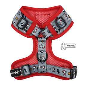 The Sassy Woof Dog Adjustable Harness - MLB™ x Peanuts™ Chicago White Sox™ features Snoopy and Woodstock graphics, black adjustable buckles, breathable mesh fabric, and a patented badge on the right.