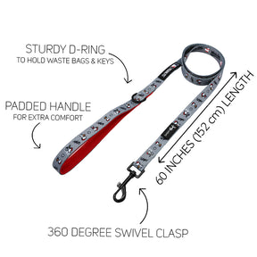 The Sassy Woof Dog Leash - MLB™ x Peanuts™ Chicago White Sox™ features a cartoon print, padded red handle, sturdy D-ring for bags or keys, 60-inch (152 cm) length, and a 360° swivel clasp. Arrows and labels showcase each feature.