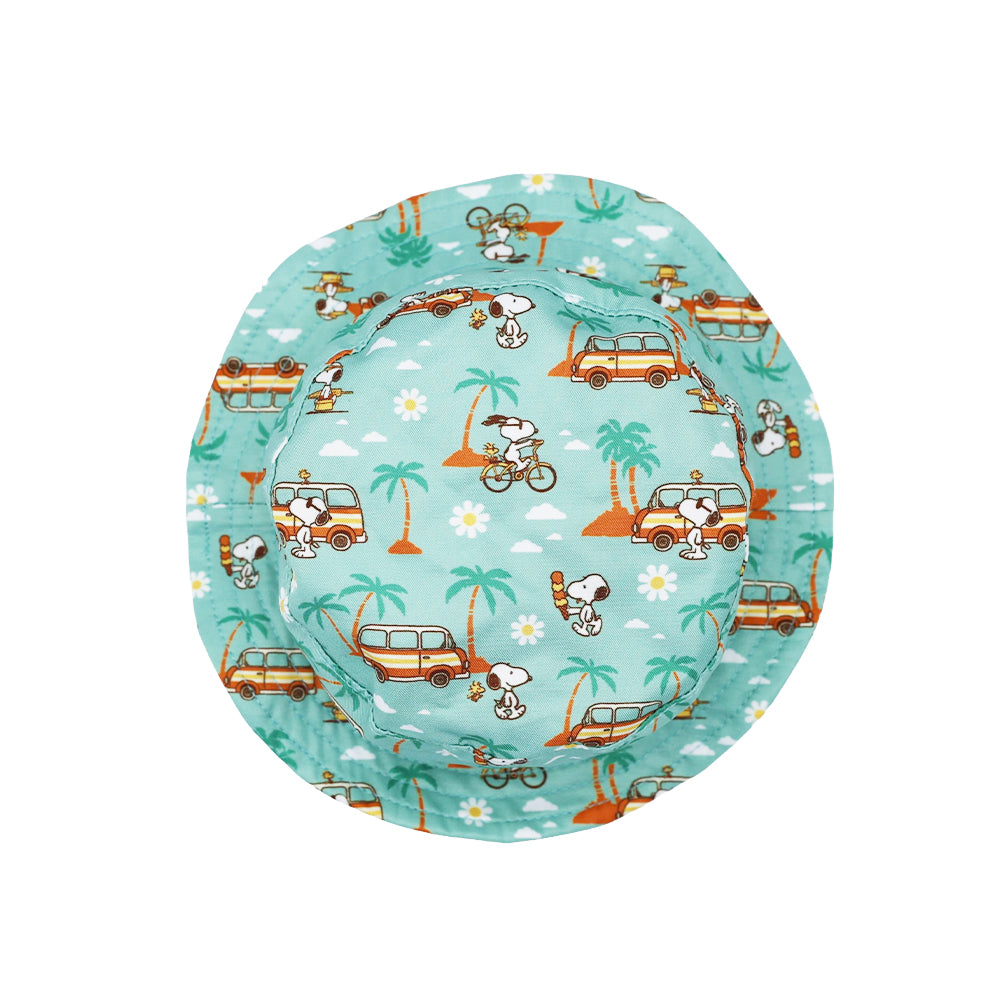 The Dog Bucket Hat - Peanuts™ Road Trippin' by Sassy Woof is a teal hat for dogs, featuring fun images of Snoopy surfing, cycling, and exploring among brown cars, palm trees, and white flowers.