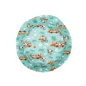 The Dog Bucket Hat - Peanuts™ Road Trippin' by Sassy Woof is a teal hat for dogs, featuring fun images of Snoopy surfing, cycling, and exploring among brown cars, palm trees, and white flowers.
