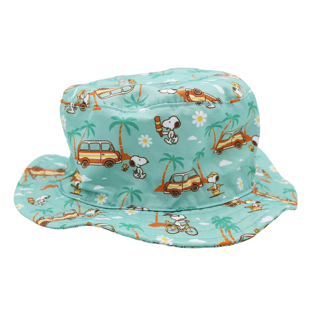 The Sassy Woof Dog Bucket Hat - Peanuts™ Road Trippin' features light blue fabric with cartoon Snoopy, palm trees, surfboards, vans, and clouds in orange, green, and white—ideal for dogs who love fun Snoopy accessories.