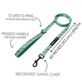 The Sassy Woof Collar Three Piece Bundle – Peanuts™ Road Trippin’ features a teal leash with cartoon dog print, sturdy D-ring, padded handle, 60" length, and a 360° swivel clasp—ideal adventure gear for your pup.