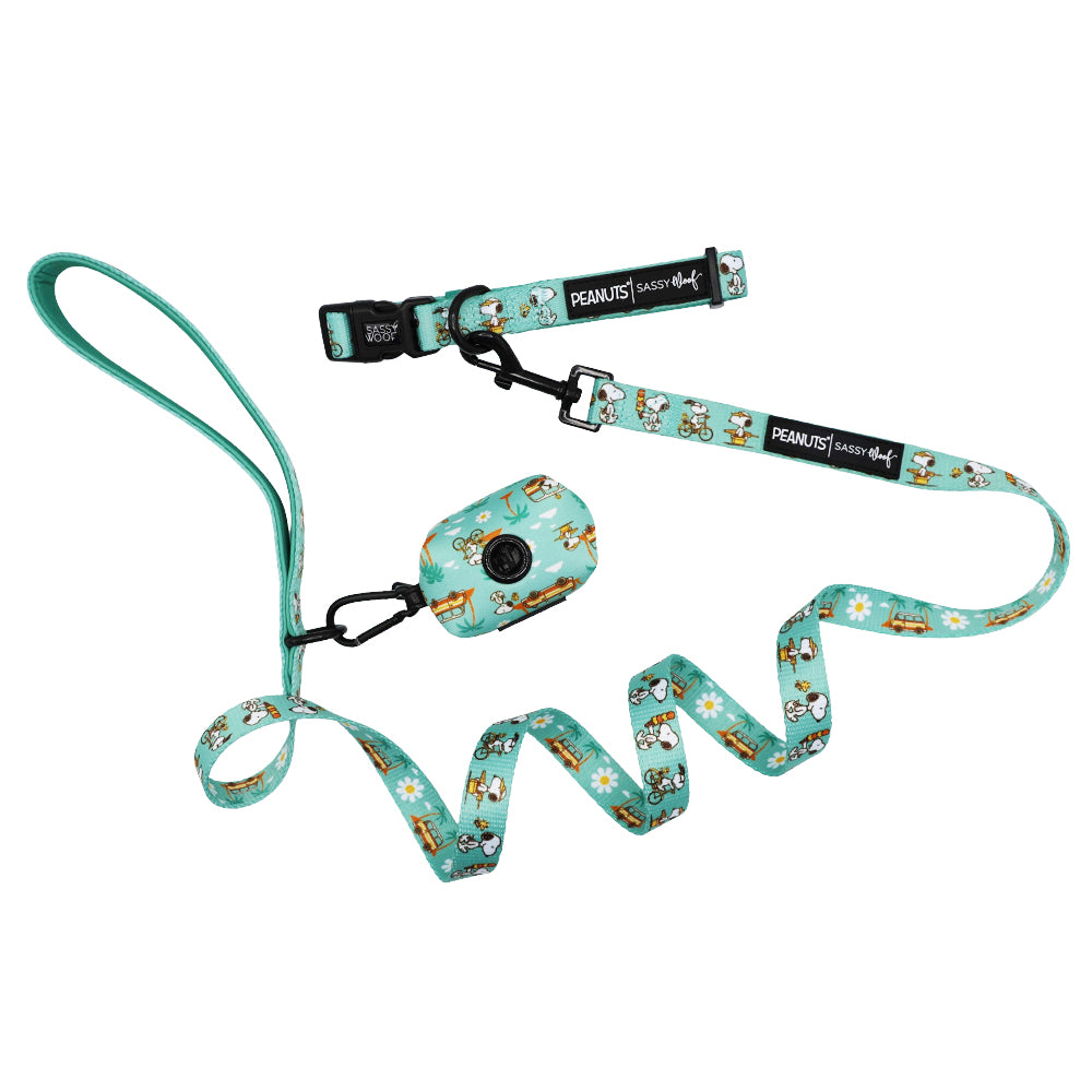 The Sassy Woof Collar Three Piece Bundle - Peanuts™ Road Trippin’ features a turquoise leash, collar, and matching waste bag holder with Snoopy & Woodstock designs plus white daisy accents—perfect for adventure-loving pups and fans.