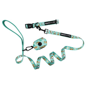The Sassy Woof Collar Three Piece Bundle - Peanuts™ Road Trippin’ features a turquoise leash, collar, and matching waste bag holder with Snoopy & Woodstock designs plus white daisy accents—perfect for adventure-loving pups and fans.