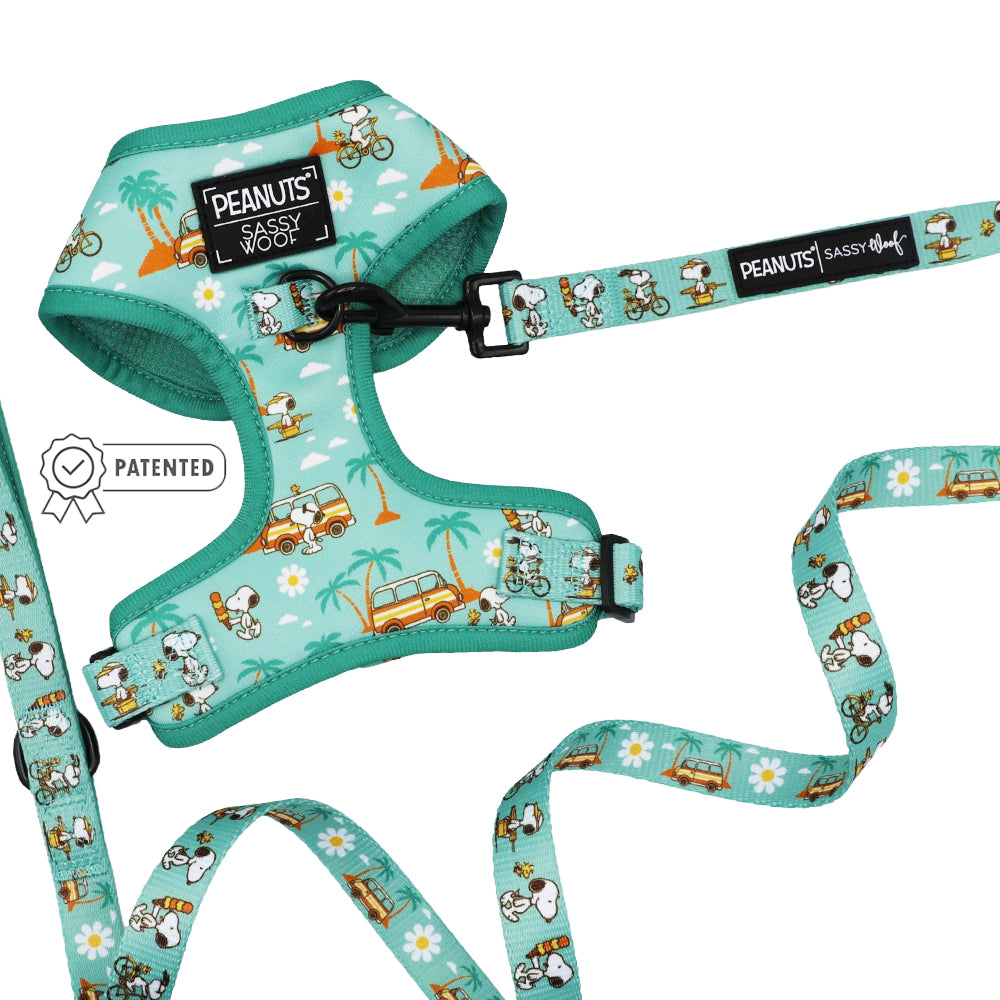 The Sassy Woof Dog Two Piece Bundle - Peanuts™ Road Trippin' features a turquoise adjustable dog harness and leash set with Peanuts characters, palm trees, surfboards, cars, Sassy Woof labels, and a patented icon on the left side.