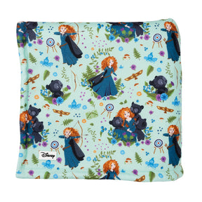 The Sassy Woof Pet Blanket - Disney's Merida features light green fabric with Princess Merida, her bear brothers, archery targets, and forest elements—a perfect Brave-inspired dog accessory.