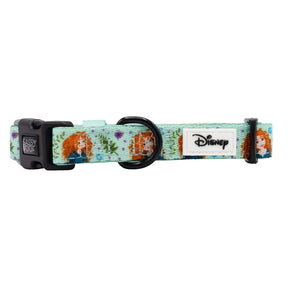 The Sassy Woof Dog Collar - Disney's Merida features a light blue floral design with Merida illustrations, an adjustable fit, black buckle and ring, plus a white Disney logo tag.