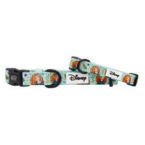 Two adjustable Dog Collar - Disney's Merida by Sassy Woof, light blue with colorful Merida designs, comfy neoprene lining, black plastic buckles, metal D-rings, and a white patch featuring the Disney logo.