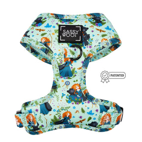 The Sassy Woof Dog Two Piece Bundle – Disney’s Merida features a light blue harness with Merida, bears, and forest designs, black “Sassy Woof” logo patch, and “Patented” badge—ideal for princess-loving pups.