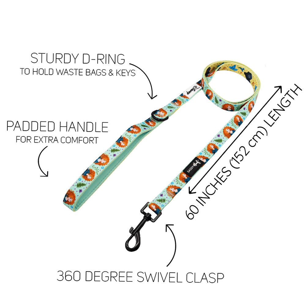 The Sassy Woof Disney’s Merida Dog Two Piece Bundle leash features cartoon dog faces, a padded handle, sturdy D-ring for bags or keys, 360° swivel clasp, and is 60" (152 cm) long—a must-have princess dog accessory!.