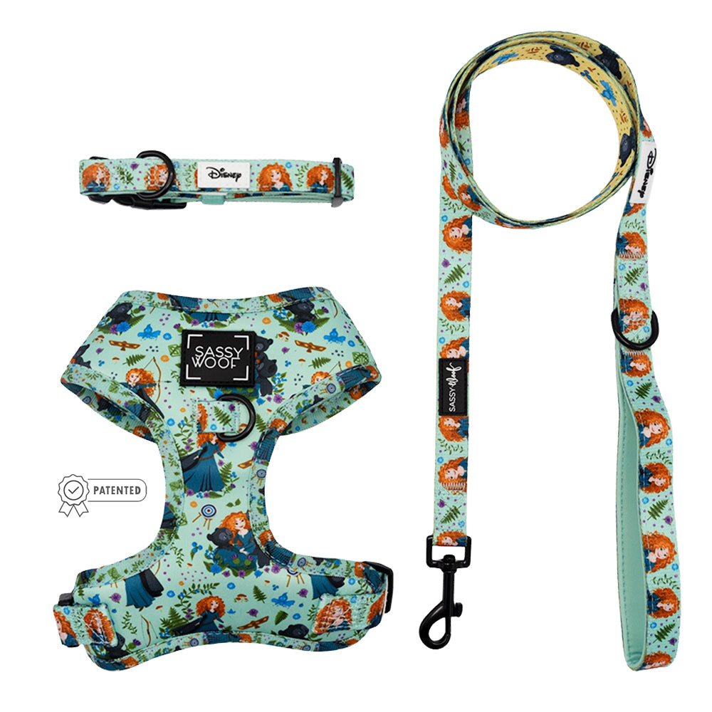 The Harness Three Piece Bundle - Disney's Merida by Sassy Woof includes an adjustable harness, collar, and leash with Brave characters on light blue fabric and black hardware—ideal for the Puppy Growth Pawtection Plan.