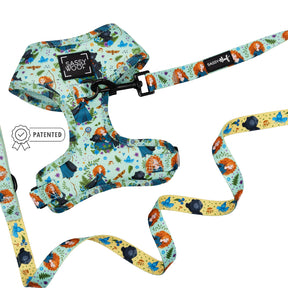 The Sassy Woof Dog Two Piece Bundle - Disney's Merida features a light blue harness and leash with fun princess and bear designs, plus a Sassy Woof label—perfect for Brave fans seeking Merida-inspired dog accessories.