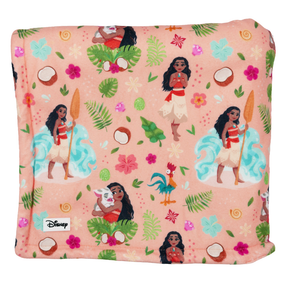 The Sassy Woof Pet Blanket – Disney's Moana is a soft pink sherpa featuring Moana in various poses with tropical leaves, flowers, coconuts, and animals. A Disney logo tag is sewn on the corner—perfect for fans of Moana pet accessories.