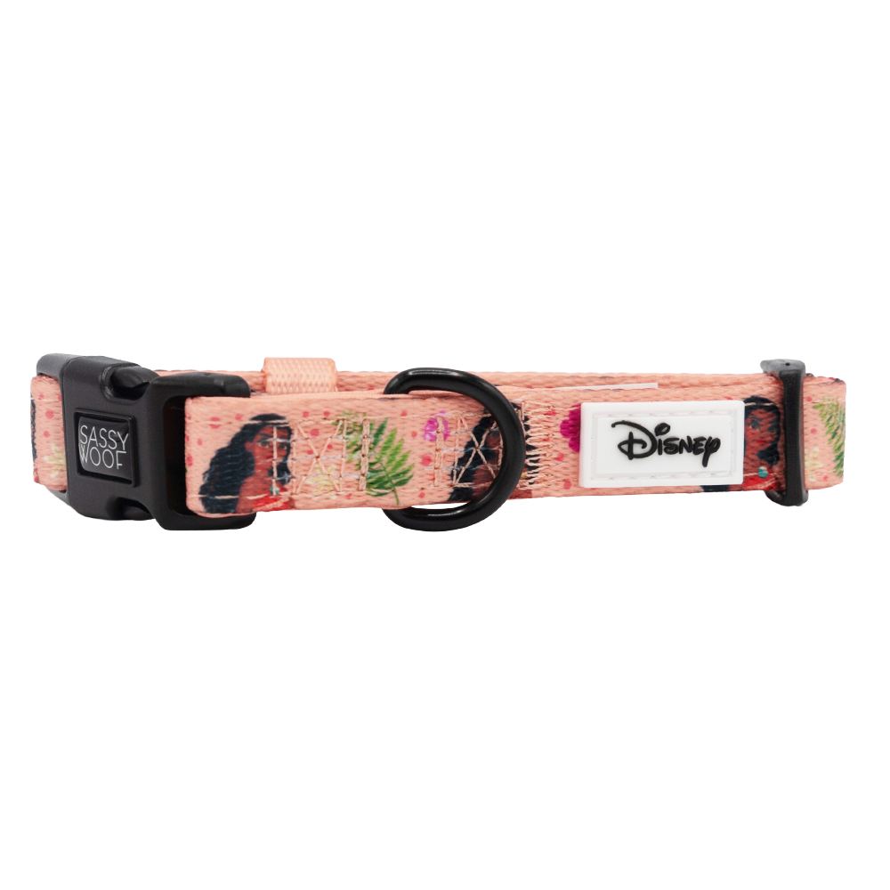 The Sassy Woof Dog Collar - Disney's Moana features pink tropical leaf patterns, Moana character silhouettes, black hardware, and a “Sassy Woof” label. Pair with the matching harness for an ocean-inspired look.
