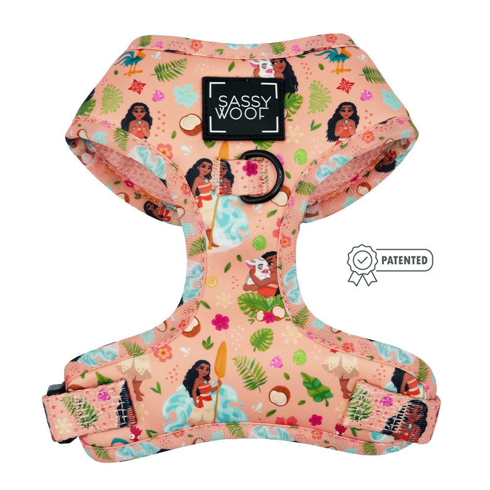 The Sassy Woof Harness Three Piece Bundle – Disney’s Moana features a peach design with Moana, tropical leaves, and flowers. Adjustable fit with a black D-ring—ideal for your puppy’s growth.