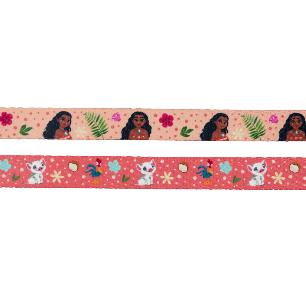 The Sassy Woof Dog Two Piece Bundle - Disney's Moana features a top ribbon with Moana among green leaves and pink flowers, and a bottom ribbon with white kittens, seashells, birds, and yellow flowers on a pink background.