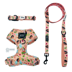The Sassy Woof Harness Three Piece Bundle - Disney's Moana features a peach set with tropical designs, adjustable harness, collar, and leash—perfect for your puppy’s growth.