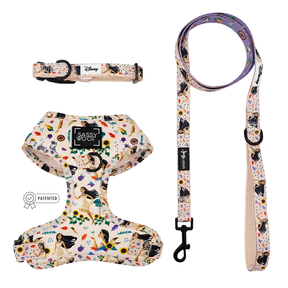 The Sassy Woof Harness Three Piece Bundle - Disney's Pocahontas features a dog harness, collar, and leash with colorful accents, adjustable fit for growing puppies, and a patented design badge in an enchanting Disney Princess pattern.
