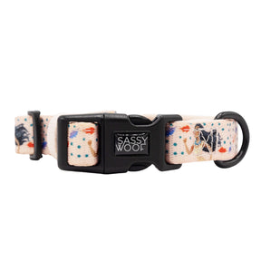 The Sassy Woof Harness Three Piece Bundle - Disney's Pocahontas features playful abstract patterns, an adjustable fit with a secure black buckle and D-ring—perfect for your pup’s growth and daily walks.