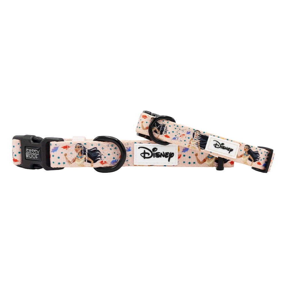 Sassy Woof’s Dog Collar – Disney's Pocahontas features two light-toned, adjustable, comfortable collars with subtle Pocahontas-themed designs, a white Disney logo patch, black buckles, and sturdy metal rings.