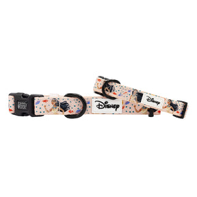 Sassy Woof’s Dog Collar – Disney's Pocahontas features two light-toned, adjustable, comfortable collars with subtle Pocahontas-themed designs, a white Disney logo patch, black buckles, and sturdy metal rings.