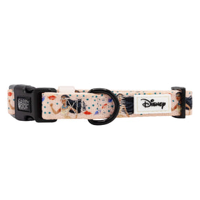 The Sassy Woof Dog Collar – Disney’s Pocahontas is a beige, adjustable collar with black hardware, colorful Pocahontas designs, a Sassy Woof tag on the buckle, and a white label featuring the Disney logo.