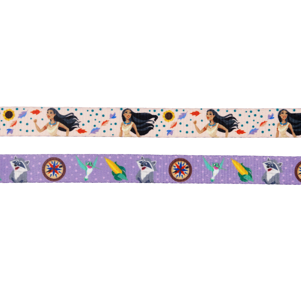 The Sassy Woof Dog Two Piece Bundle – Disney’s Pocahontas features a light pink ribbon with a woman, sunflowers, leaves, and dots, plus a lavender ribbon with animals, corn, compass, and flowers.