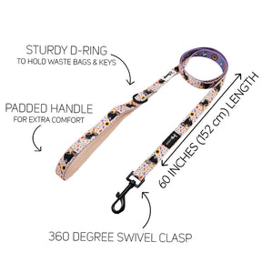 The Sassy Woof Dog Leash – Disney’s Pocahontas features a vibrant design, padded handle, sturdy D-ring, 360° swivel clasp, and is 60" long. Text labels highlight each feature. Pairs with our matching adjustable harness and collar.