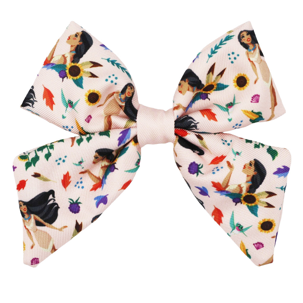 Add a touch of adventure to your pup's look with the Sassy Woof Dog Sailor Bow – Disney's Pocahontas, featuring vibrant women, sunflowers, leaves, and butterflies on fabric.