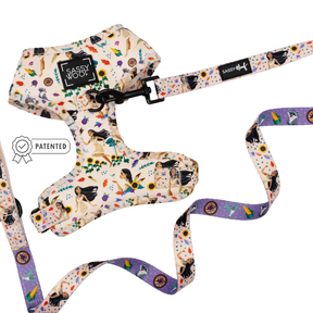 Sassy Woof’s Dog Two Piece Bundle - Disney's Pocahontas features a beige adjustable harness and leash with whimsical illustrations, sturdy black buckle, and patented icon nearby.