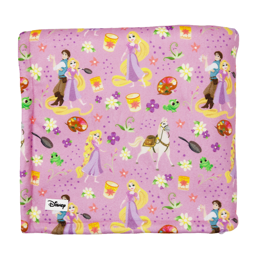 The Sassy Woof Pet Blanket - Disney's Rapunzel features a pink design with Rapunzel, Flynn Rider, Pascal, Maximus, flowers, lanterns, frying pans, and hearts in a whimsical repeating pattern.