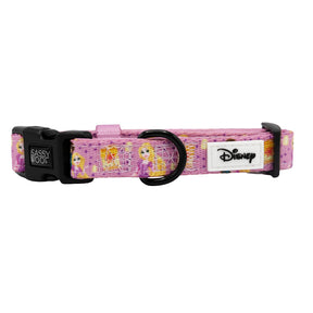 The Sassy Woof Dog Collar – Disney’s Rapunzel features pink Rapunzel graphics, a black buckle, white Disney logo patch, adjustable fit, and a metal D-ring for leash attachment. Part of the Disney dog collection.
