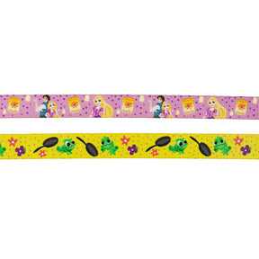 The Sassy Woof Dog Leash - Disney's Rapunzel features a purple ribbon with princesses and books on top, and a yellow ribbon with a chameleon, frying pans, flowers, and polka dots—perfect for any Tangled-themed dog accessory!.