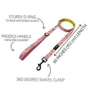 The Sassy Woof Dog Leash - Disney's Rapunzel features a 60-inch (152 cm) length, padded handle for comfort, sturdy D-ring for keys or bags, and a 360-degree swivel clasp to help prevent tangling.