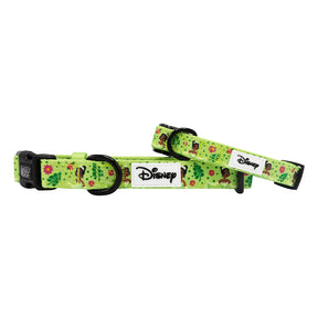 Two green Sassy Woof dog collars—Disney's Tiana edition—with black plastic buckles, metal rings, and a floral pattern inspired by The Princess and the Frog. Perfect match for a Princess and the Frog dog harness.