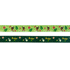 The Sassy Woof Dog Leash - Disney's Tiana features a light green ribbon with a girl with a bun, pink flowers, and green leaves, plus a dark green ribbon with trumpets, frogs, fireflies, and white flowers—ideal for Disney dog accessories.