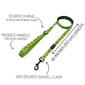 The Sassy Woof Dog Two Piece Bundle - Disney's Tiana includes a green patterned leash with padded handle, sturdy D-ring, and 360° swivel clasp. The 60-inch (152 cm) leash pairs perfectly with the Princess and the Frog dog harness.