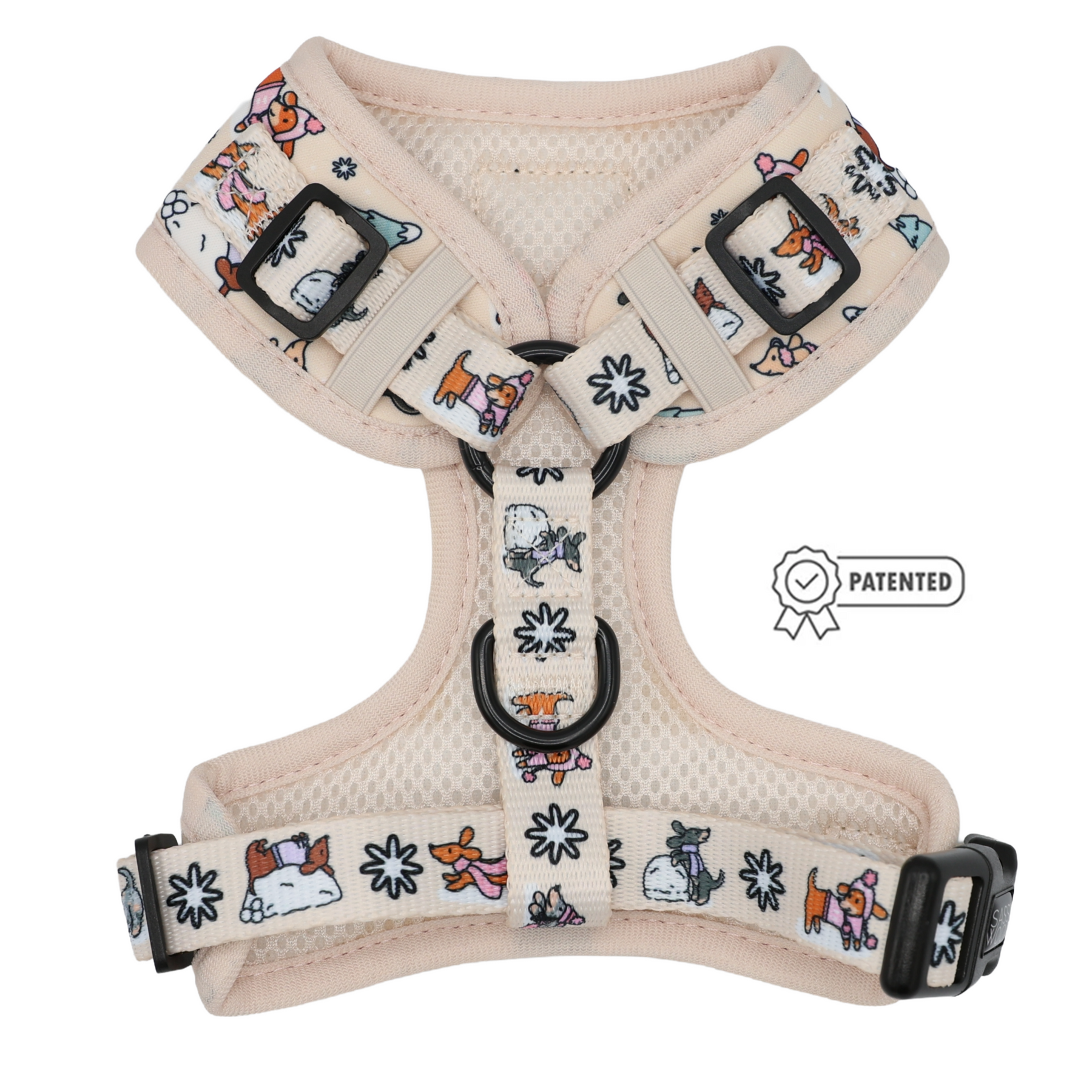 The Sassy Woof Dog Adjustable Harness – Weenie Wonderland features a beige mesh design with vibrant cartoon animal illustrations, adjustable black buckles, and a PATENTED badge icon on the right side—an ideal choice for dachshunds or as a playful addition to your pup’s winter accessories.