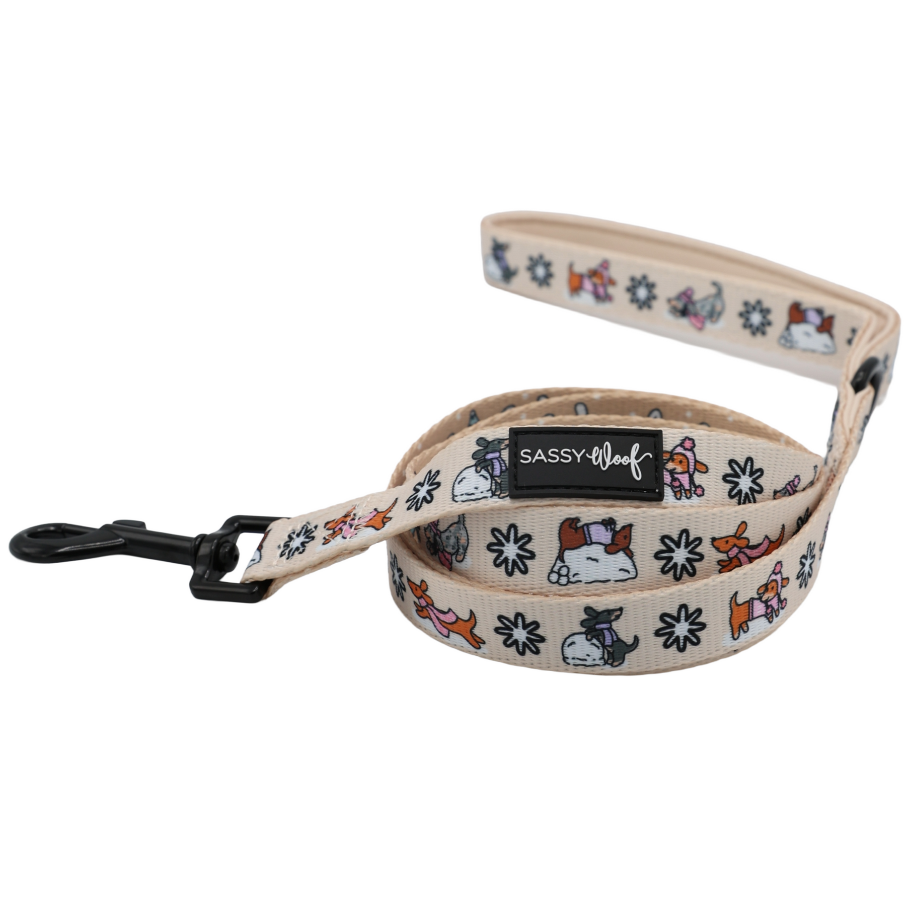 The Dog Four Piece Bundle - Weenie Wonderland from Sassy Woof includes a beige leash with a black clasp, adorned with cheerful, colorful cartoon dog and flower illustrations and finished with the signature Sassy Woof label—ideal for coordinating with an adjustable dog harness or dachshund harness for a stylish matching set.
