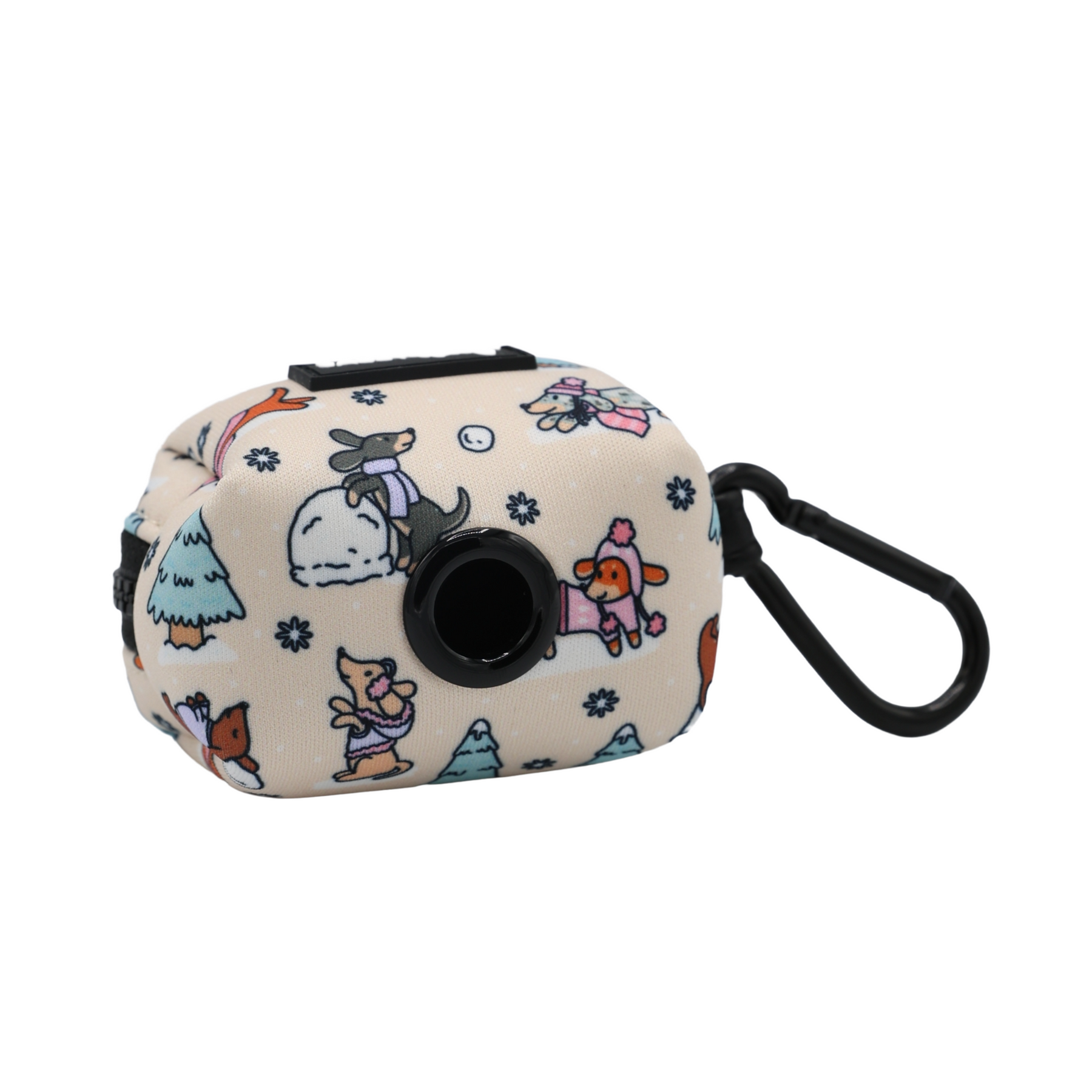 Compact beige pouch from the Sassy Woof Dog Four Piece Bundle - Weenie Wonderland, featuring whimsical winter animal illustrations, a black plastic clip, and a circular dispenser opening—perfectly coordinated to pair with your dachshund harness or adjustable dog harness for easy walks.